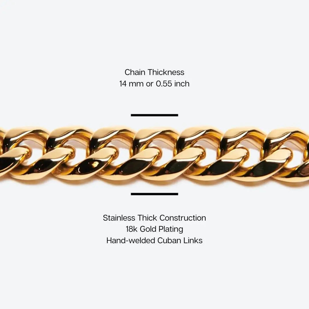Close-up of 14mm thick 18k gold plated stainless steel hand-welded Cuban links for dog leash