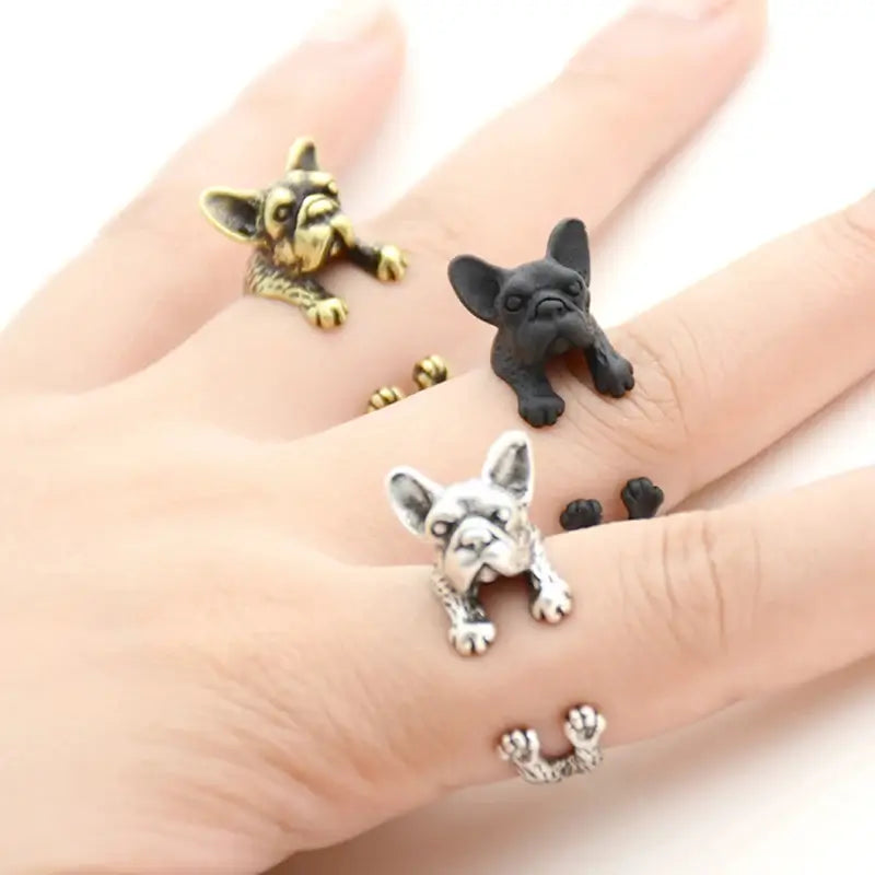  3-color French Bulldog ring set - antique bronze, matte black, silver adjustable animal rings