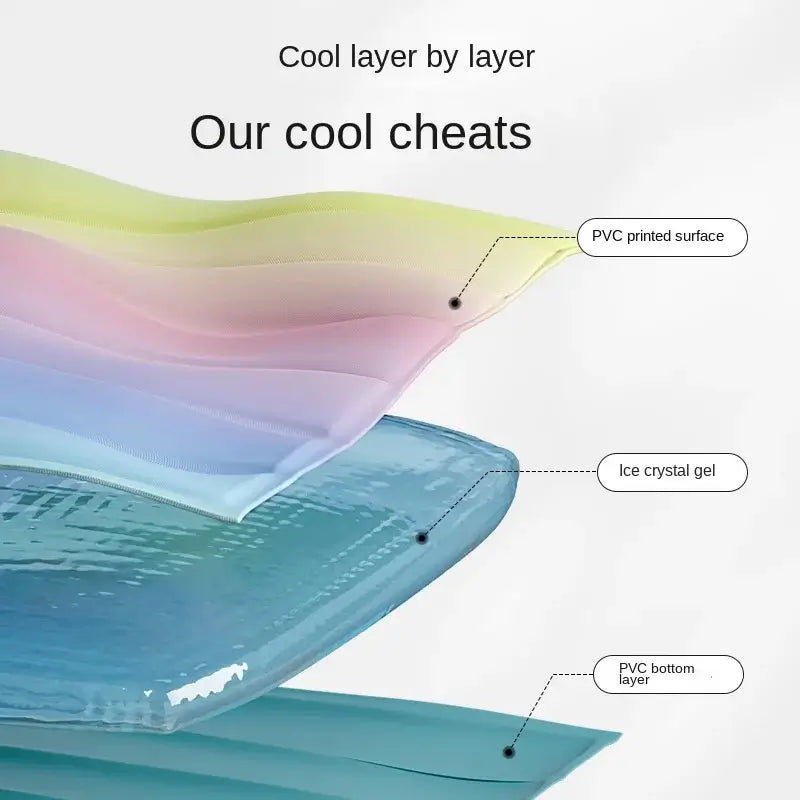 Three-layer construction of rainbow cooling pad: PVC top, ice crystal gel core, waterproof bottom layer for Frenchie heat relief