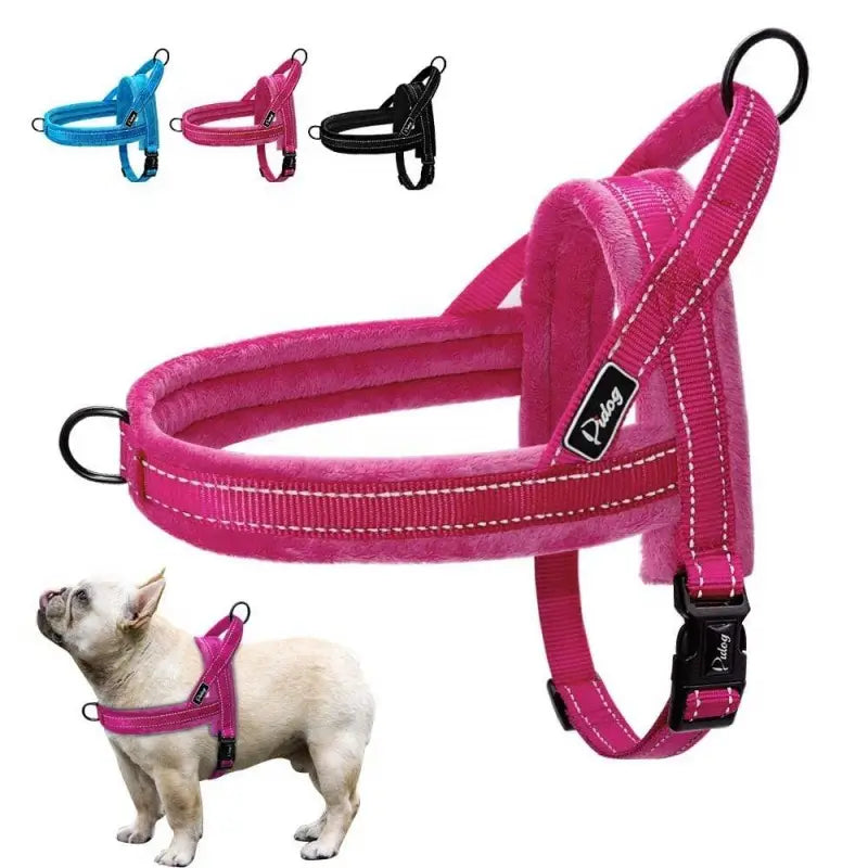 3 Colors Soft Fleece Padded Reflective Dog Harness for French Bulldog, dual D-ring no-pull adjustable walking vest for Frenchie outdoor daily use