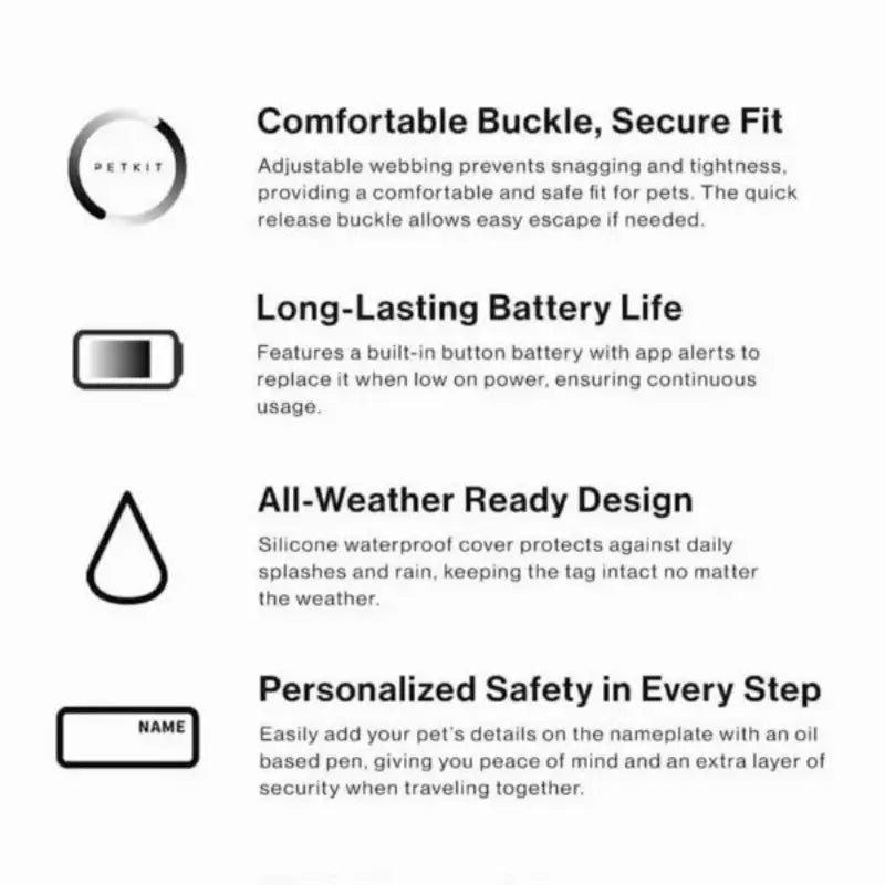 Feature infographic for PETKIT smart French Bulldog collar: secure buckle, long battery, all-weather waterproof & customizable pet name tag design