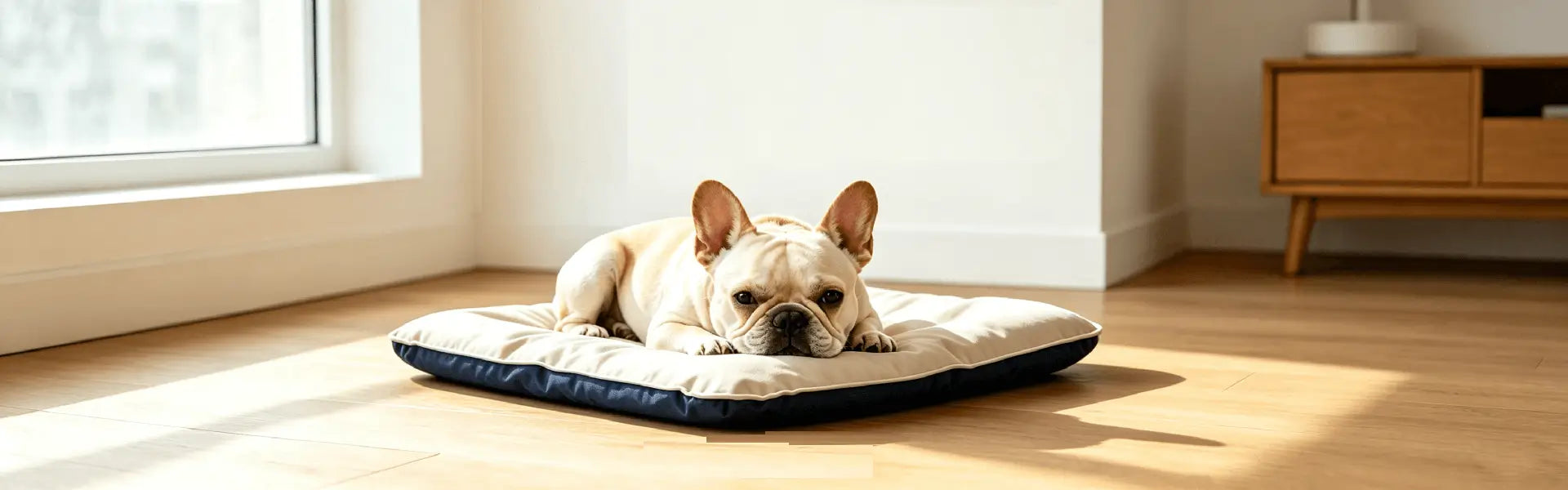 French Bulldog relaxing on a premium cooling mat, Frenchie Nest pet supplies