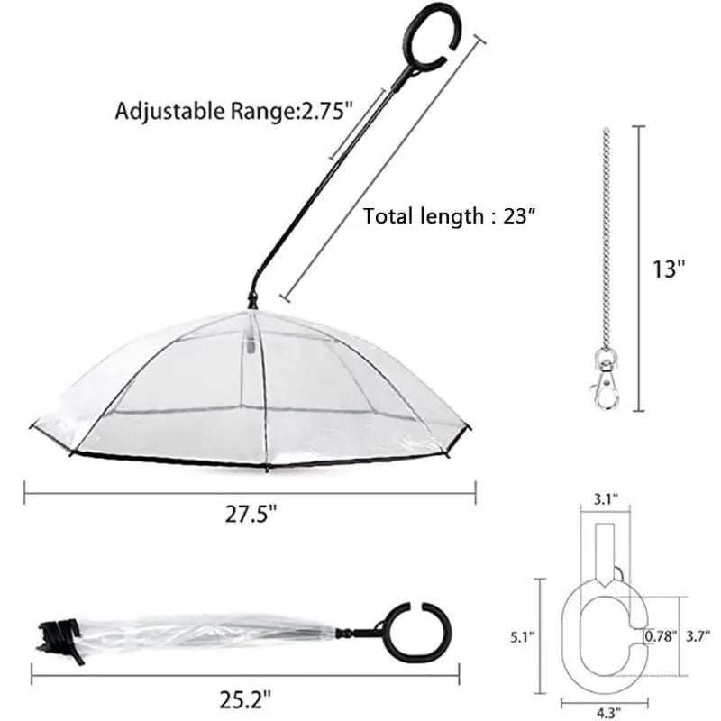 Adjustable Small Dog Rain Umbrella Dimension Size Chart, 27.5 Inch Clear Dome Pet Umbrella with Leash Chain Measurement Diagram