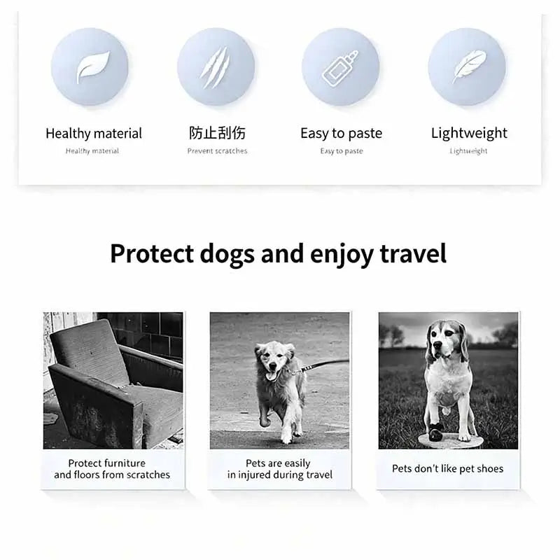 Dog paw pads benefits: healthy material, prevent scratches, easy to paste, lightweight, protect furniture floors and dog paws