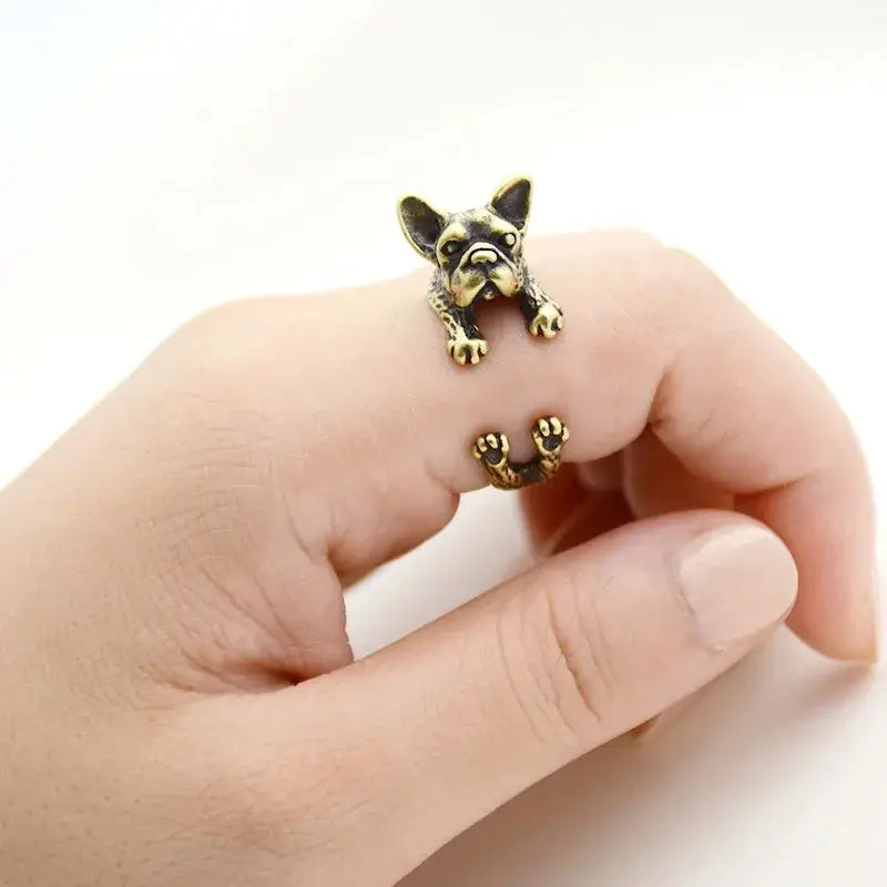  Antique bronze Frenchie adjustable ring, vintage-style 3D bulldog jewelry for pet owners