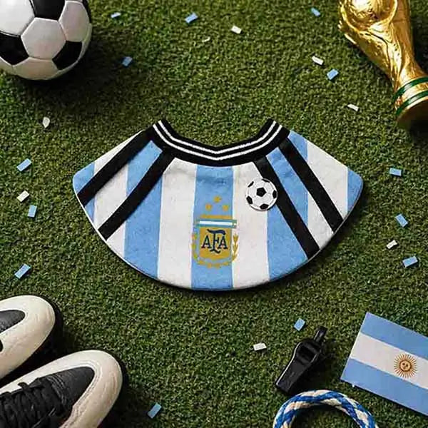 Argentina AFA soccer dog bandana, light blue and white striped pet bib with crest, perfect for World Cup celebrations and Messi fans.

