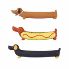 Assorted sausage dog latex squeaky toys for French Bulldogs, 3-pack interactive chew toys in brown, hot dog, and black designs