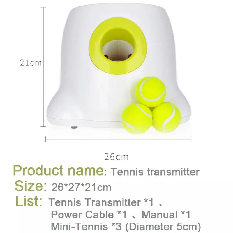 Dog tennis ball launcher dimensions 26x27x21cm, includes 3 mini tennis balls, power cable and manual
