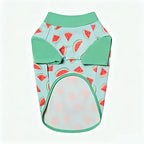Back cutout flat lay of watermelon print SPF30 dog tee with green short sleeves, comfortable potty-friendly French Bulldog summer clothes