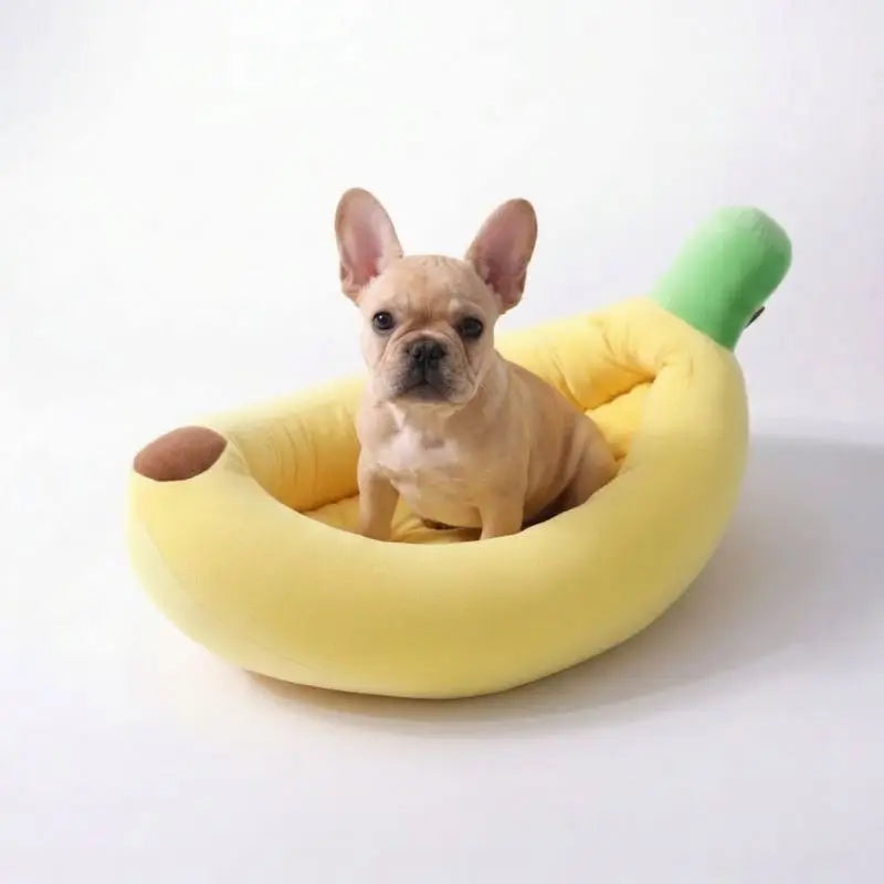 Cute Banana Shaped Plush Dog Bed for French Bulldog, cozy nest-style sleeping couch for short hair Frenchie indoor rest