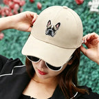 Beige premium cotton Frenchie embroidered dad cap, French Bulldog face logo everyday wear hat from FrenchieNest store