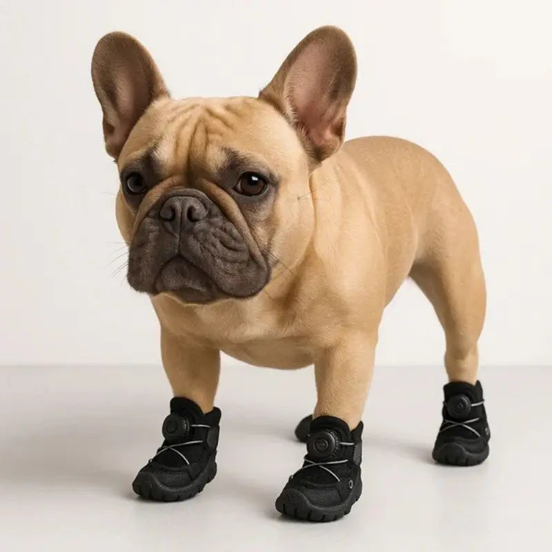 French Bulldog wearing black breathable mesh dog boots with adjustable closure, perfect for indoor and outdoor walks.