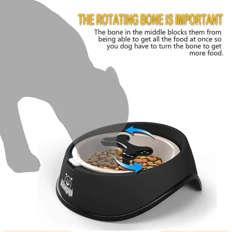 Black slow feeder dog bowl with rotating bone divider, dogs must spin bone to access kibble, control fast eating habit for French Bulldog