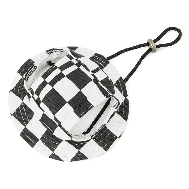 Black and white checkered sun hat for French Bulldogs, pet sun protection hat with ear holes and adjustable strap