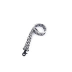 Black and white monogram pattern dog leash for French Bulldogs, stylish printed walking lead with black metal clasp.