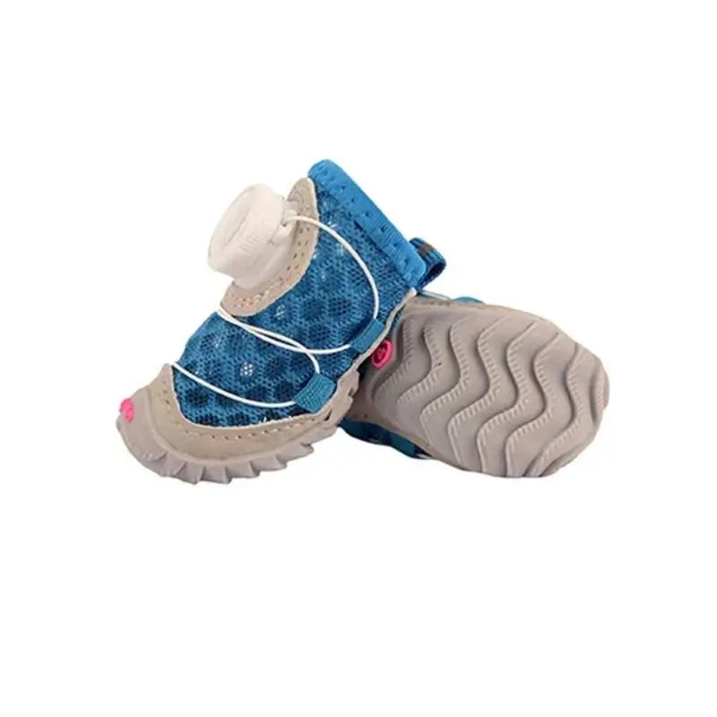 Blue breathable mesh dog boots for French Bulldogs, with anti-slip sole and adjustable closure for a secure fit.