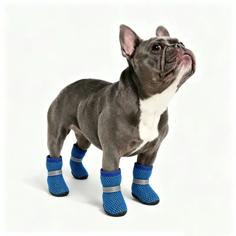 Blue Breathable Mesh Dog Boots for French Bulldogs - Reflective Anti-Slip Shoes for Hot Pavement and Daily Walks