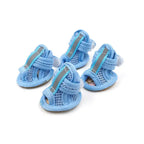 Blue breathable mesh dog sandals for French Bulldogs, comfortable summer pet shoes with anti-slip soles for daily use.