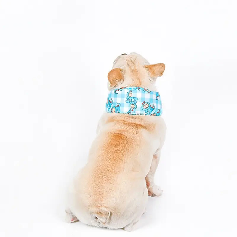 Cute blue check dinosaur printed cooling neck band on cream French Bulldog back view, reusable summer chill dog collar for heat relief | Frenchie Nest