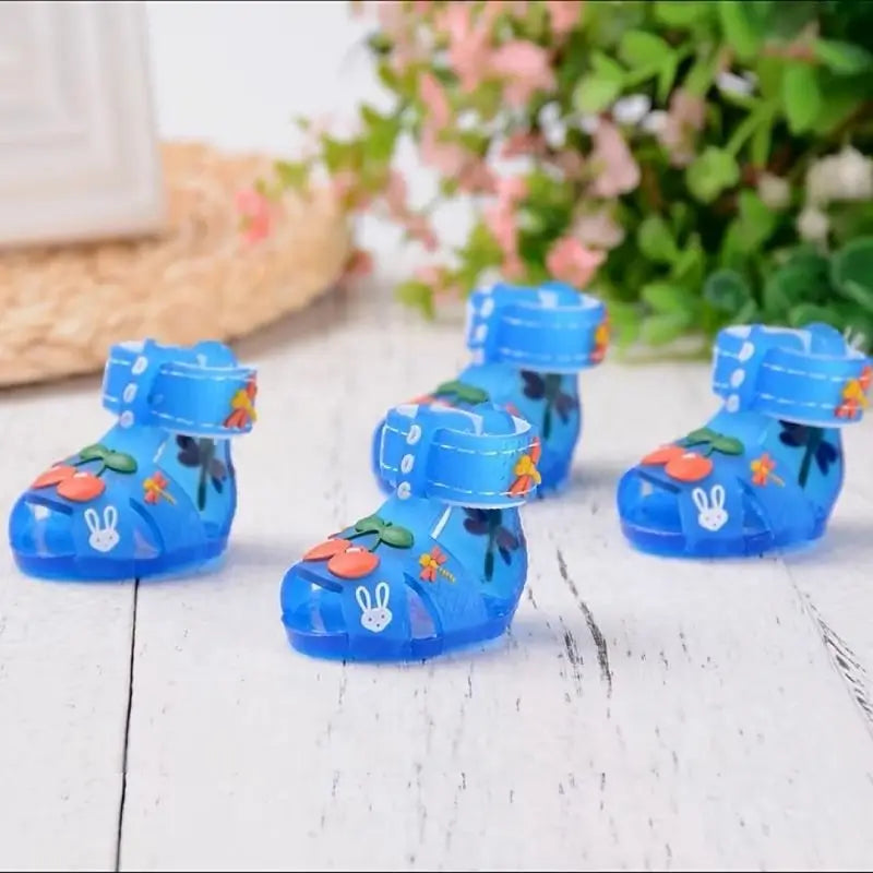 Blue pet sandals with cherry and rabbit designs for French Bulldogs, cute summer dog shoes for small dogs