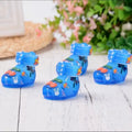 Blue pet sandals with cherry and rabbit designs for French Bulldogs, cute summer dog shoes for small dogs
