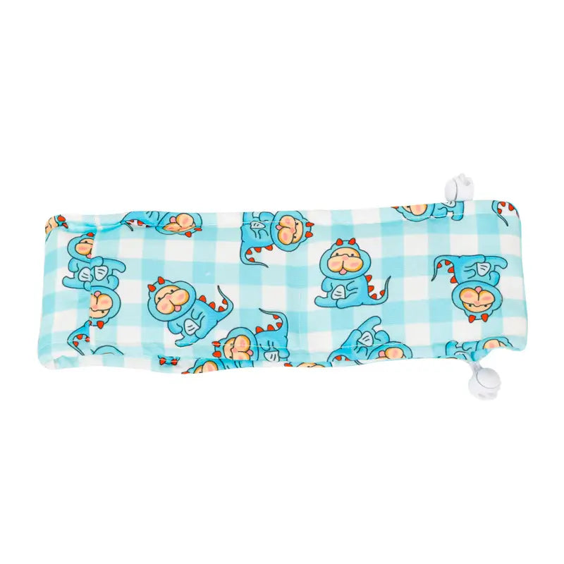 Flat lay blue plaid dinosaur pattern adjustable cooling neck band for French Bulldog, zipper pocket design refillable ice pack dog scarf | Frenchie Nest