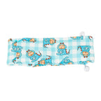 Flat lay blue plaid dinosaur pattern adjustable cooling neck band for French Bulldog, zipper pocket design refillable ice pack dog scarf | Frenchie Nest