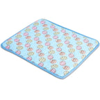 Blue cooling pad for French Bulldogs with colorful egg print, soft and breathable summer pet mat for hot weather.