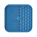  Blue silicone Frenchie slow feeder licking mat, hexagonal food zone and textured licking area