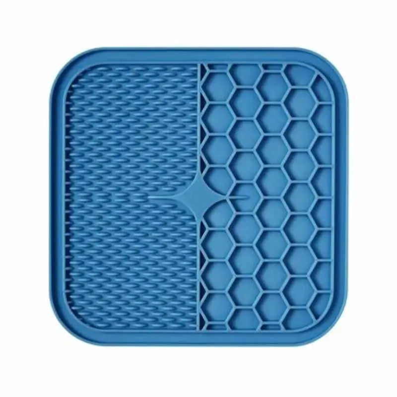  Blue silicone Frenchie slow feeder licking mat, hexagonal food zone and textured licking area