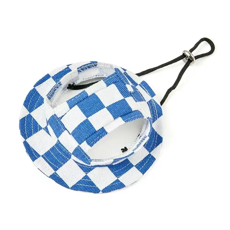 Blue and white checkered sun hat for French Bulldogs, with ear holes and adjustable chin strap, pet sun protection accessory