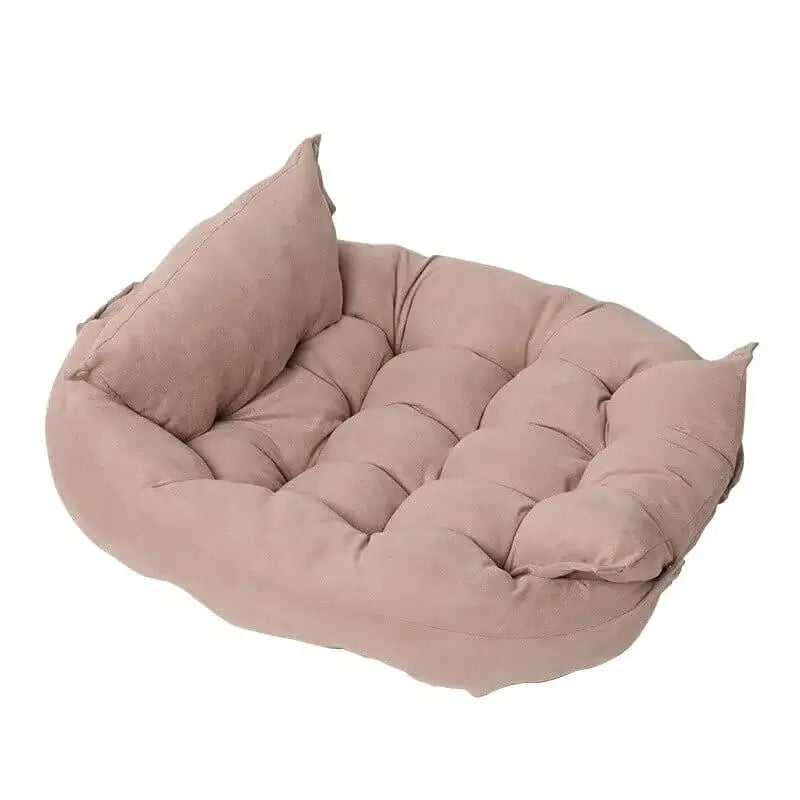 Blush pink convertible dog bed for French Bulldogs, plush multi-position pet cushion that doubles as a sofa or flat bed.