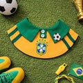 Brazilian football dog bandana, vibrant yellow and green pet bib with CBF logo, great for game day and showing your team pride.