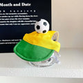 Yellow and green Brazil-inspired dog sun visor with a 3D soccer ball, adjustable fit for French Bulldogs.