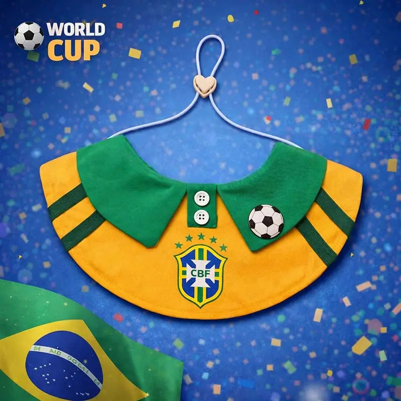 Brazil national team dog bandana, yellow and green pet bib with CBF crest, perfect for World Cup events and soccer-themed dog photoshoots.
