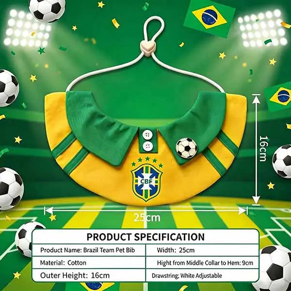 Brazil national team soccer dog bandana with size specifications, 25cm width 16cm height cotton pet bib with adjustable drawstring, CBF crest jersey style dog scarf for game day.
