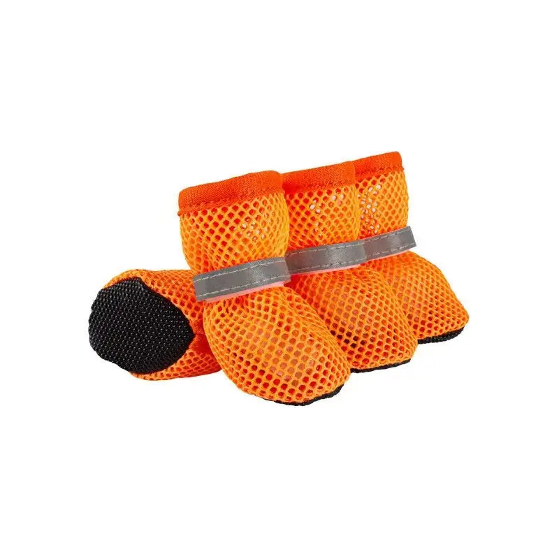 Orange Breathable Mesh Dog Boots for French Bulldogs - Anti-Slip Summer Paw Protectors with Reflective Strap
