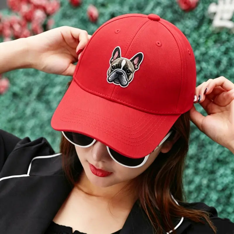 Classic red Frenchie embroidered dad cap, premium cotton French Bulldog face logo casual wear hat for dog owners