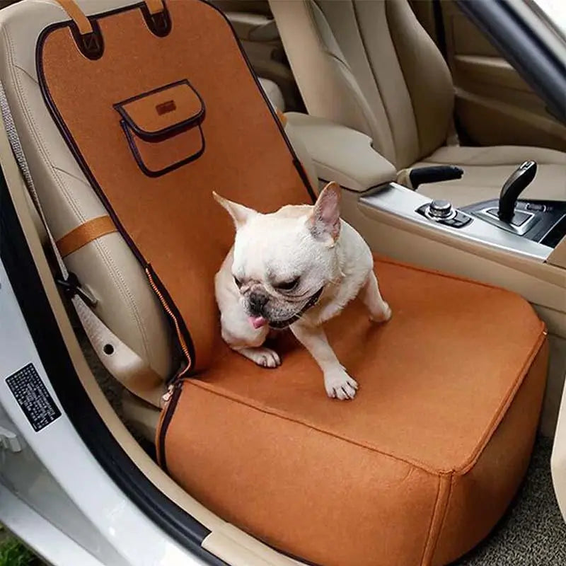 Brown Premium Felt Dog Car Booster Seat specially designed for French Bulldog, stable anti-slip travel car bed for small breed dogs