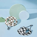 Set of checkered sun hats for French Bulldogs, black-white and brown-white plaid styles with adjustable straps
