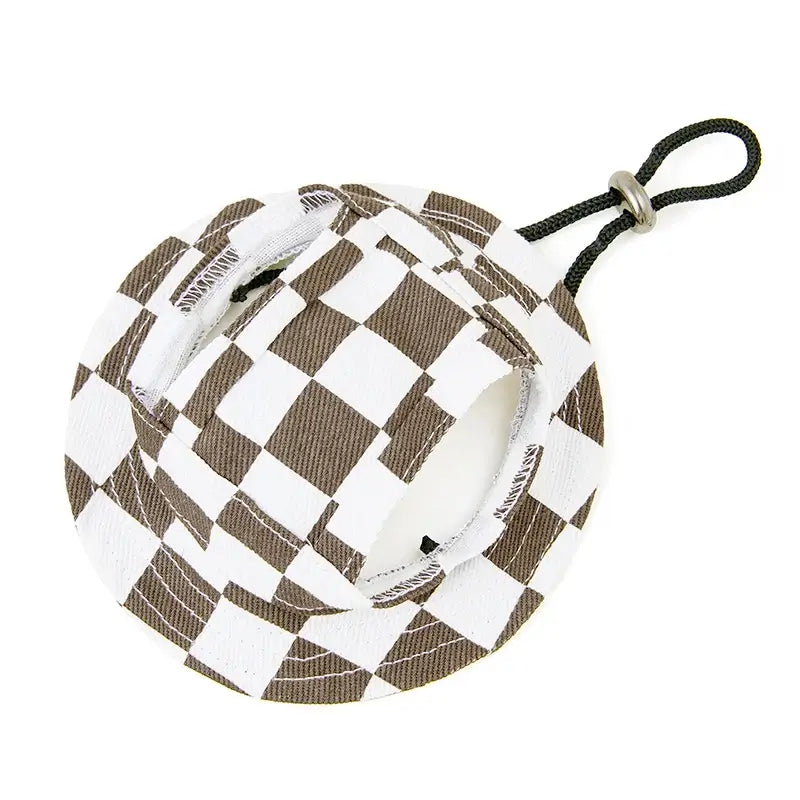 Brown and white checkered sun hat for French Bulldogs, breathable dog hat with ear holes and chin strap