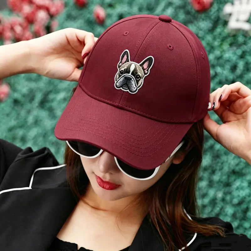 Burgundy Frenchie embroidered baseball cap, high-quality cotton French Bulldog face logo gift hat for pet parents
