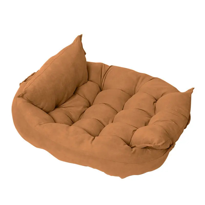 Caramel brown convertible plush dog bed for French Bulldogs, multi-position soft pet cushion with versatile design.