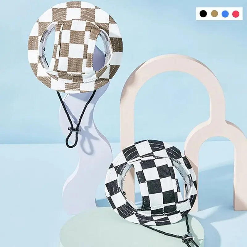 Checkered sun hats for French Bulldogs, brown-white and black-white plaid options with adjustable chin straps