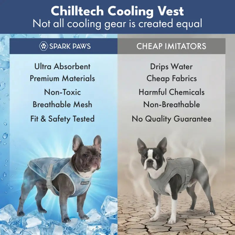 Chilltech premium French Bulldog cooling vest vs cheap imitation comparison chart, ultra absorbent non-toxic breathable dog summer coat from Frenchie Nest