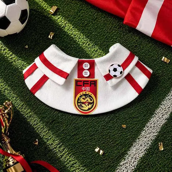 China CFA soccer dog bandana, white and red pet bib with dragon crest, ideal for football fans and game day photos with your pup.
