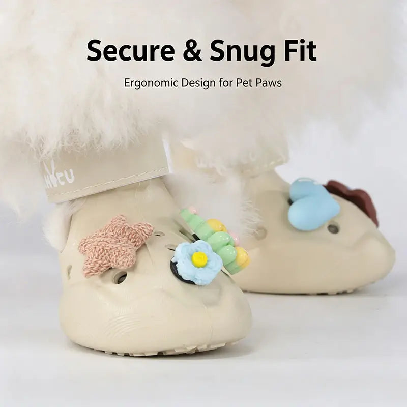 Close-up of DIY decorative charms on beige dog crocs sandals, ergonomic snug fit pet shoes for French Bulldog small paws