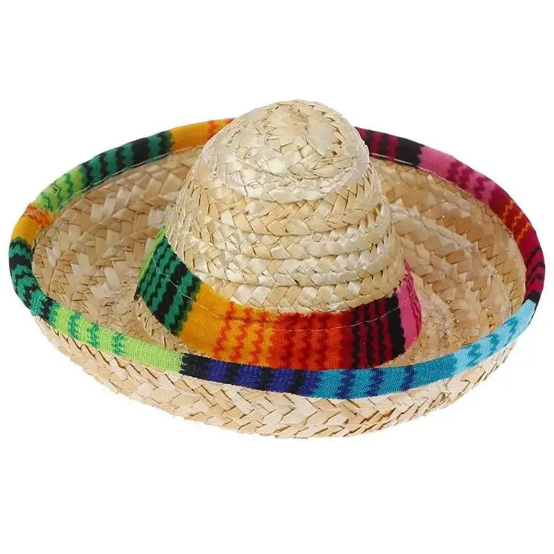 Single mini sombrero pet hat with multicolor woven trim, natural straw construction for Frenchies