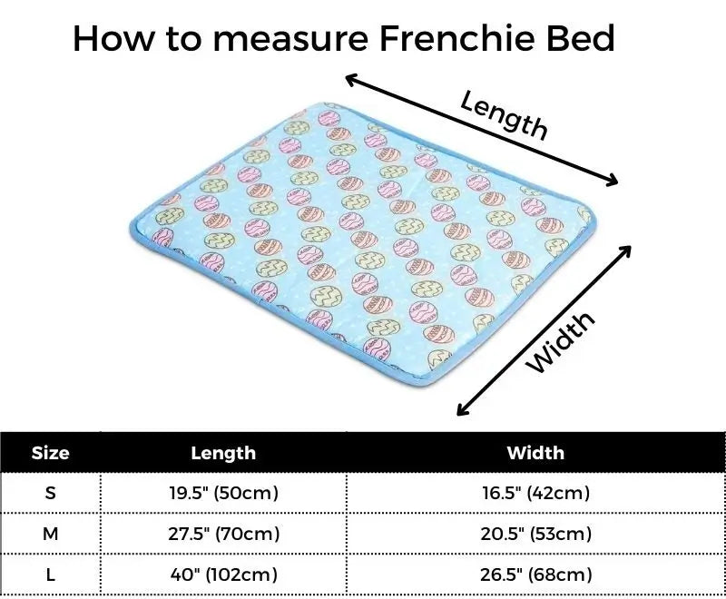 Size guide chart for French Bulldog cooling pads, showing length and width measurements for S, M, and L sizes.