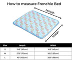 Size guide chart for French Bulldog cooling pads, showing length and width measurements for S, M, and L sizes.